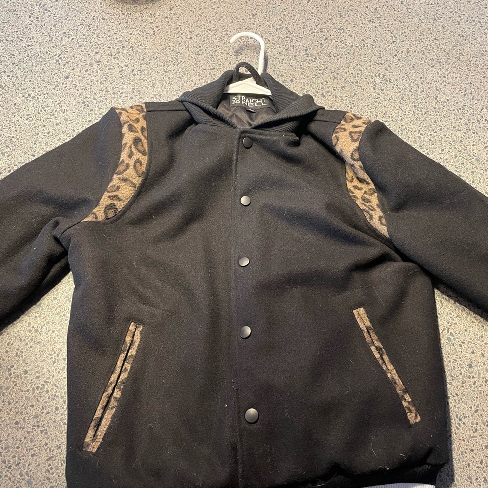 Women’s Straight To Hell Varsity Jacket with Cheetah print. Size Small.